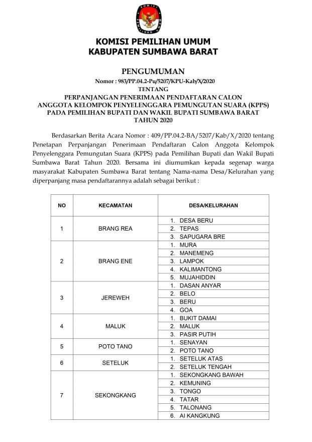 KPU KSB UMUMKAN Masa Perpanjangan Pendaftaran Calon KPPS , Pemilihan Bupati dan Wakil Bupati 2020