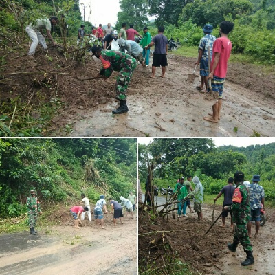 Ruas Jalan Maluk – Sekongkang Longsor, Babinsa Desa Kemuning Bersama Warga Bahu Membahu Bersihkan Material