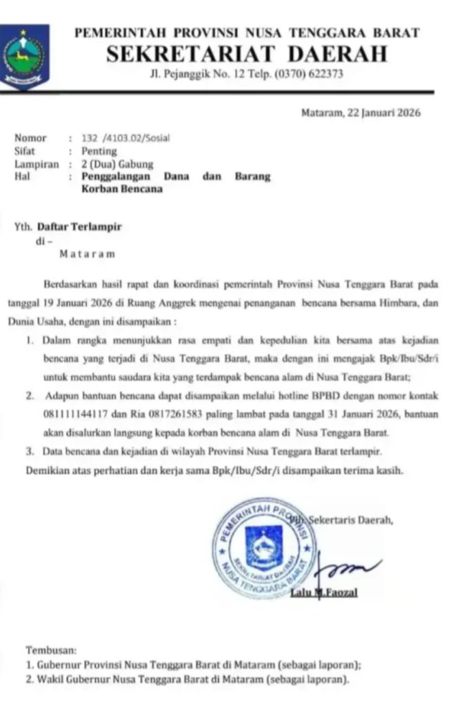 Surat Edaran Plh Sekda NTB Berkedok Bencana Minta  Sumbangan Ke Perusahaan Disorot