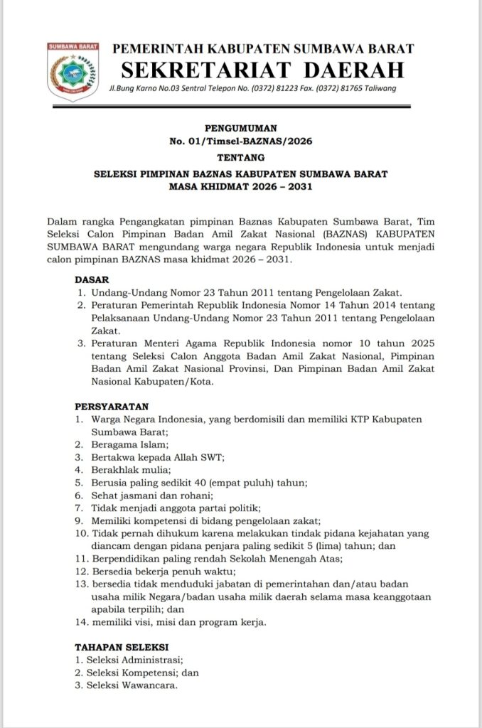 Pemda Sumbawa Barat Membuka Seleksi Pimpinan Baznas, Ini Tata Cara dan Persyaratannya